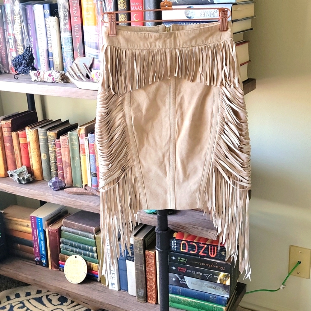 bebe Tan Fringe Leather Pencil Skirt